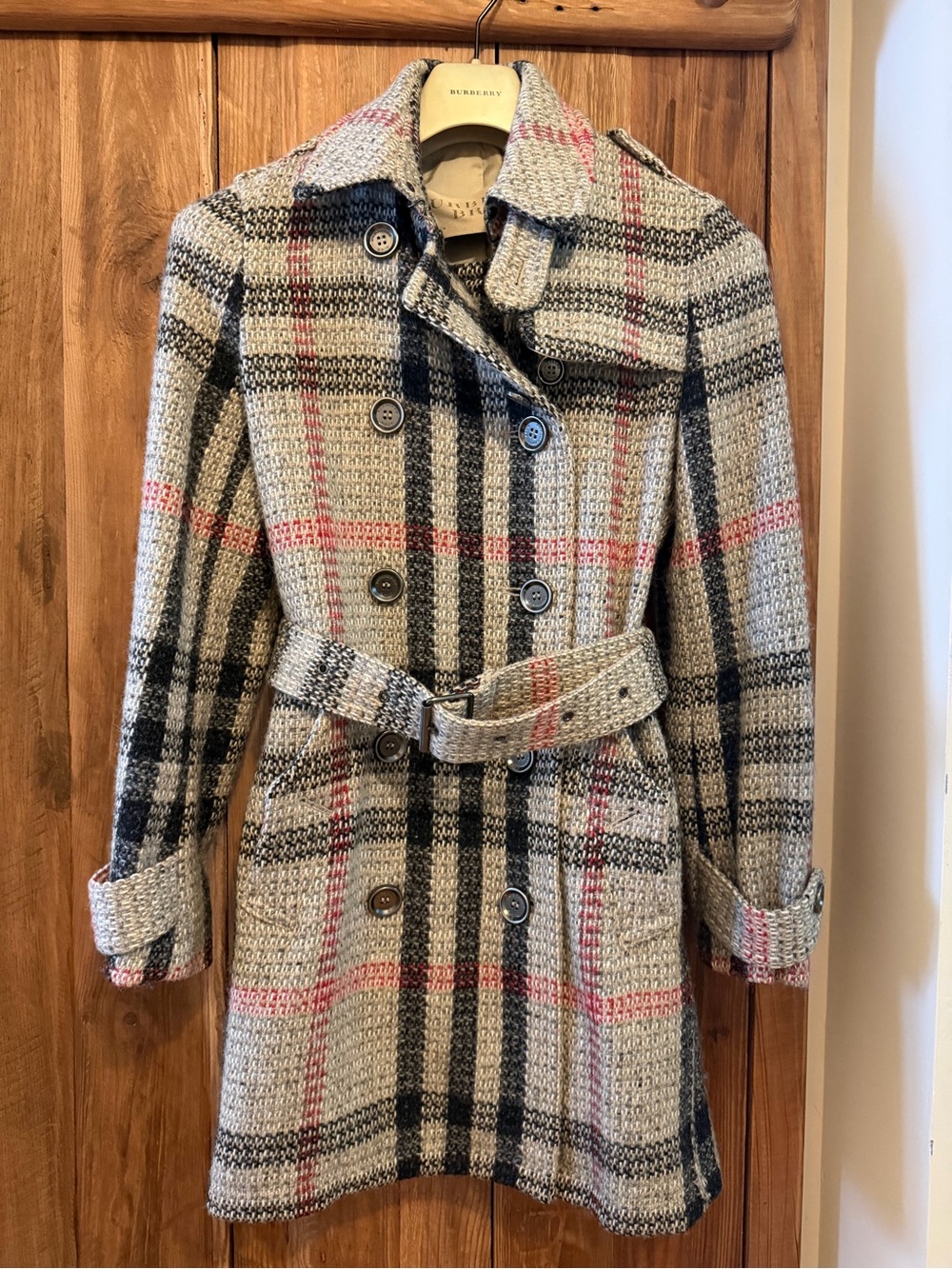 Burberry Brit Cream Plaid Double-Breasted Wool Trench Coat